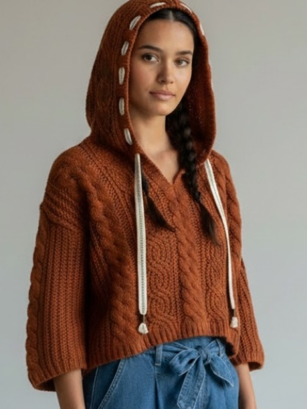 POL Hoodie Sweater Oversized Cropped Autumn Cable Knit Layer Rust School